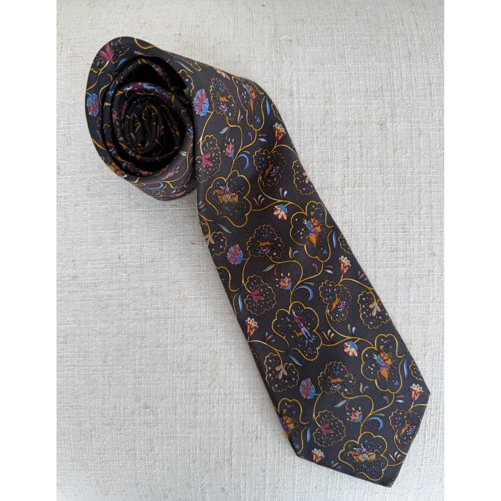 Salvatore Ferragamo Mens Silk Equestrian Floral Luxury Necktie Black Italy